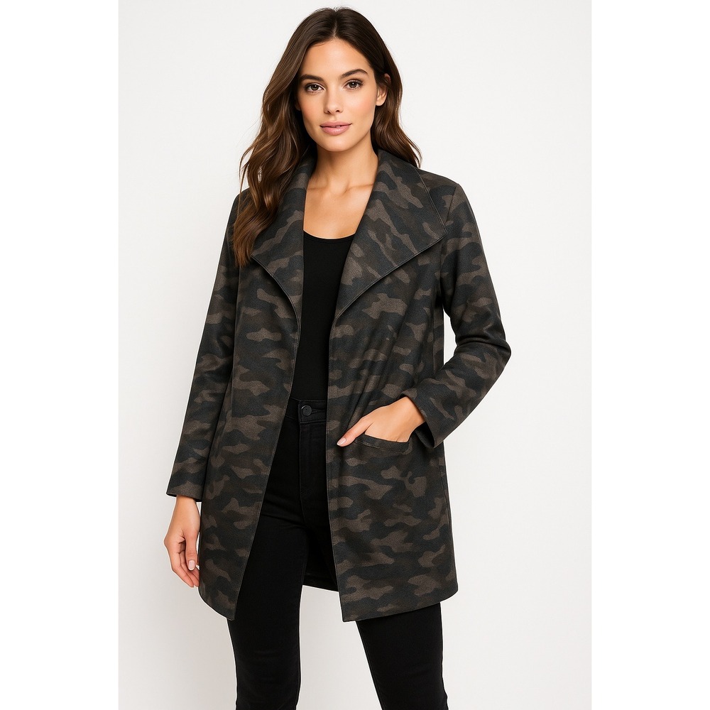 Belle Kim Gravel Jacket‎ Womens 1X Green Open Draped Camo Wool Topper Coat